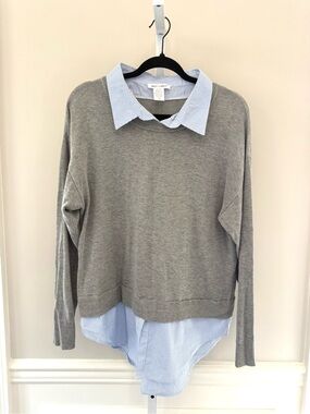 Miley & Molly Gray Layered Button-Up Sweater Blue Striped Collar Women’s Large